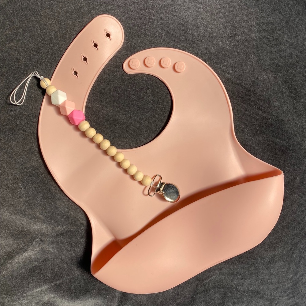 Pink Silicone Bib with Pacifier Clip
